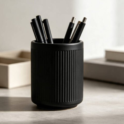 Matte Black Ceramic Ribbed Pen Cup