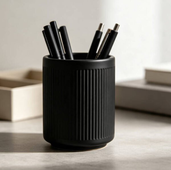Matte Black Ceramic Ribbed Pen Cup