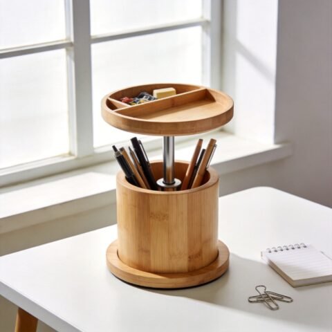 Dual-Layer Rotating Bamboo Pen Organizer
